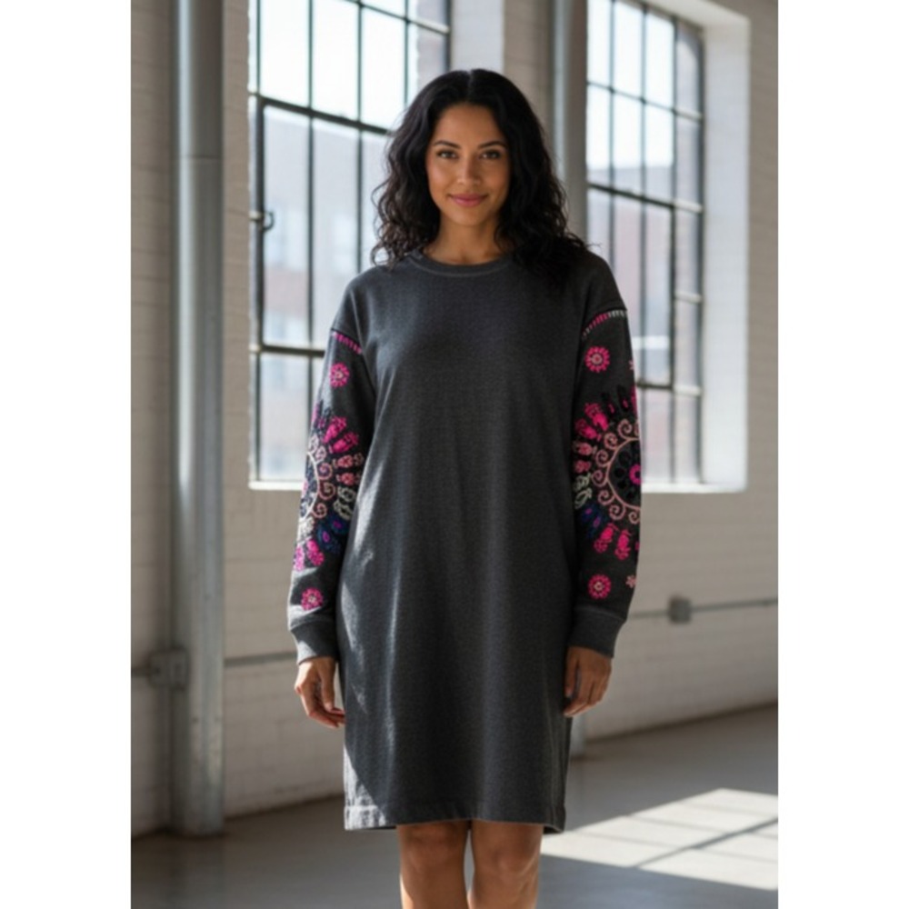 Boden Jasmine Sweater Dress Womens 4R Gray Cotton Floral Embroidered Warm Wear